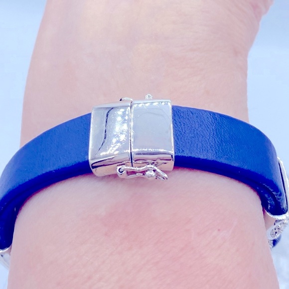 Joan Boyce Edgy Diva Pave Crystal Blue Leather Band Sparkling Bracelet Stunning - Picture 4 of 9